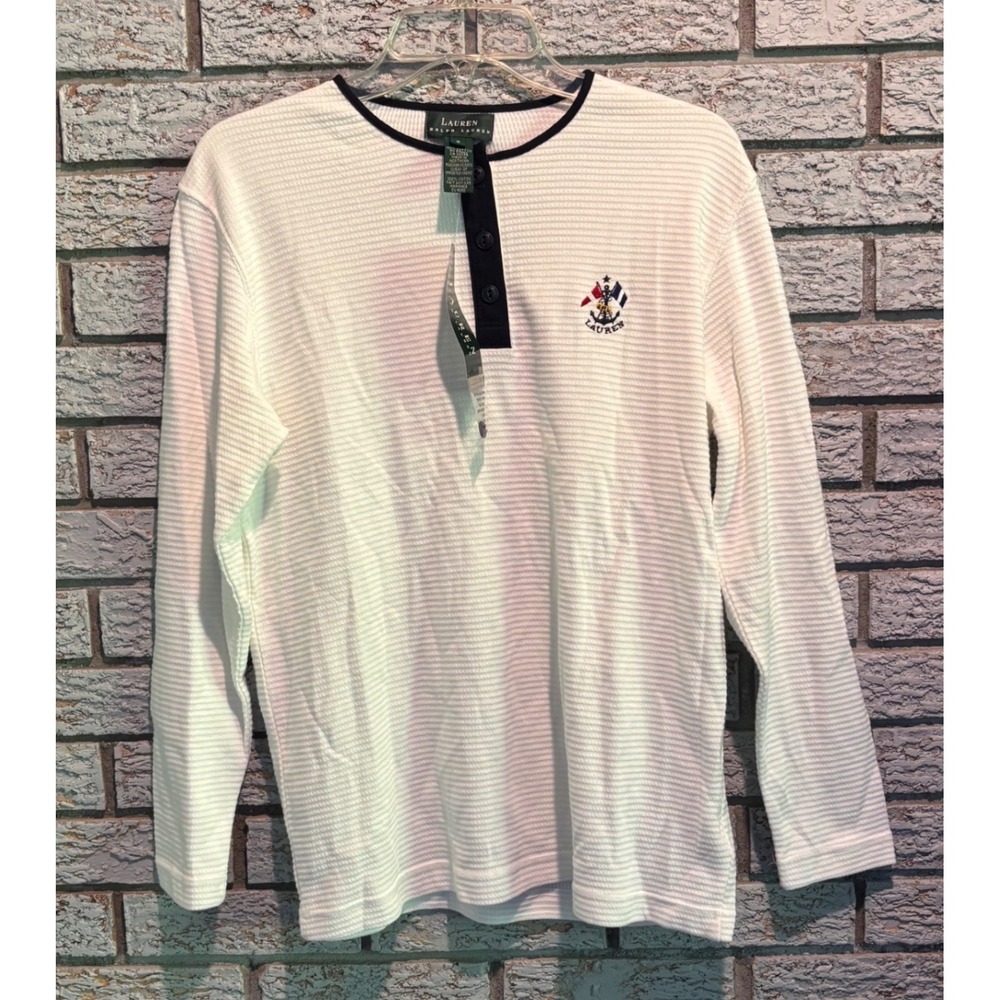 Lauren Ralph Lauren Womens White Waffle Knit Henley Nautical Crest Top Small NEW